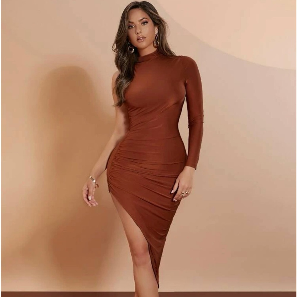 Brown shimmer one sleeve asymmetrical dress